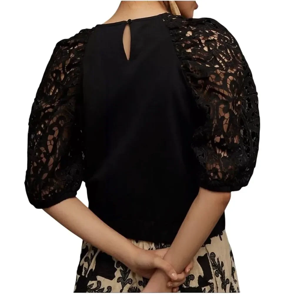 ANTHROPOLOGIE DOLAN Women’s Black Lace 3/4 Puff Sleeve Bubble Hem top